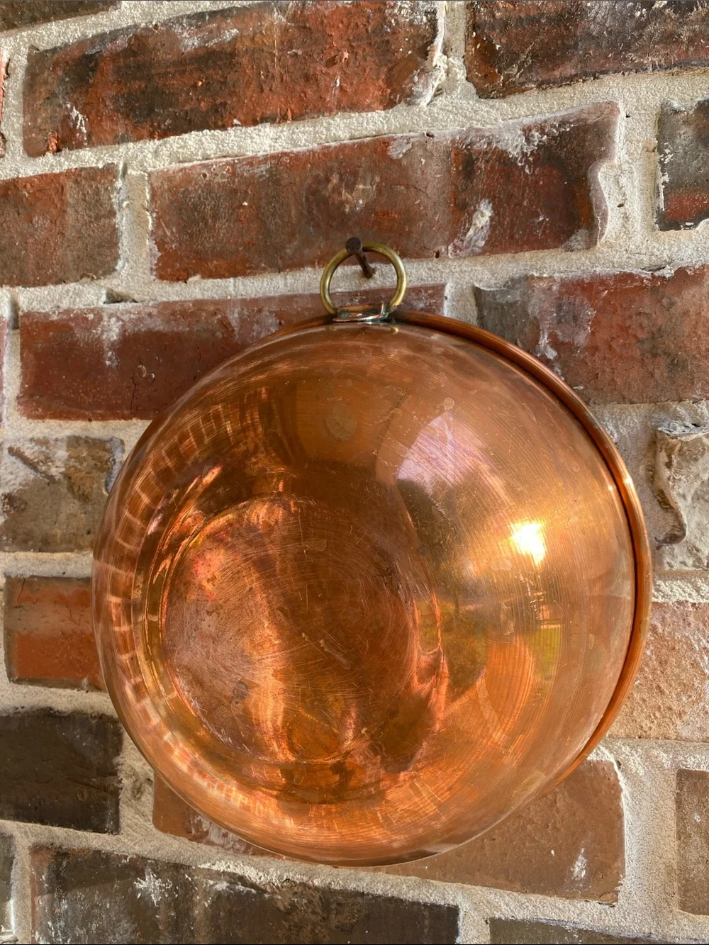 Vintage Copper 10” Mixing Bowl Rolled Edge Brass Hanging Ring